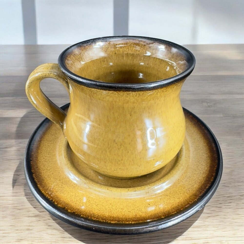 Vintage Hand Made Pottery‎ Teacup And Saucer Set Artist Marked Brown Dark Edges